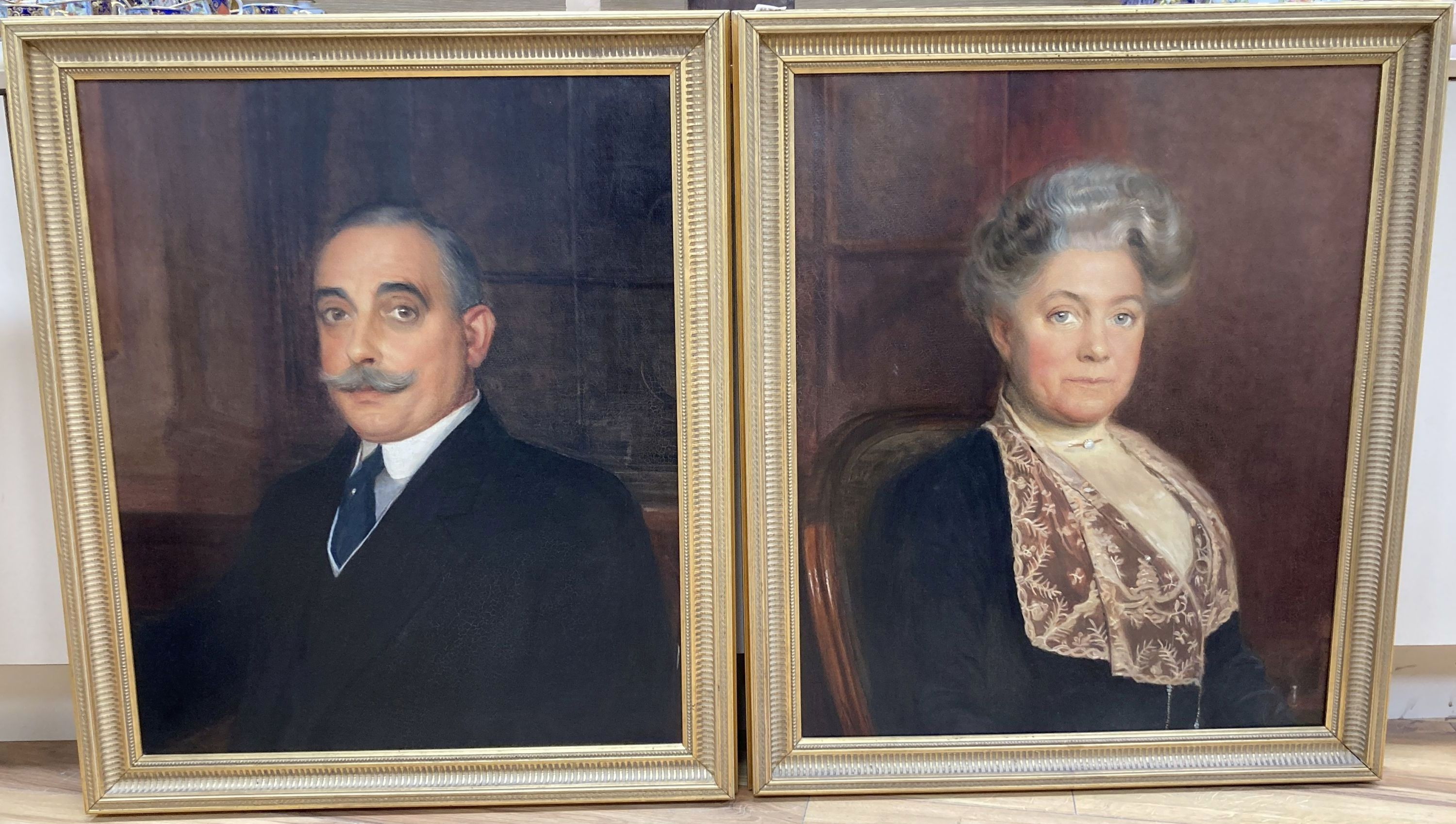 English School c1900, pair of oils on canvas, Portraits of a husband and wife, 75 x 62cm